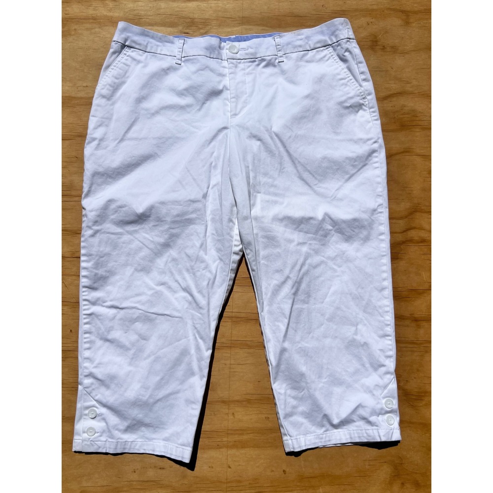 White Cropped Chino Capri Pants with Button Hem Detail Stretch Cotton